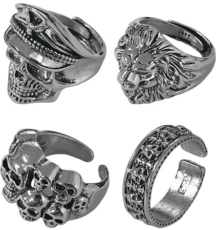 NYGGTYK 4-teilige Ringe im Rock-Stil, Ring-Set im Punk-Stil, Vintage-Ringe, verstellbare Ringe, Metallringe, personalisierte Ringe, Herrenringe, Accessoires
