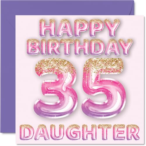 35th Birthday Card for Daughter - Pink & Purple Glitter Balloons - Happy Birthday Cards for 35 Year Old Daughter from Mum Dad Parents, 145mm Bday Greeting Cards Gift