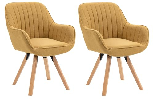 MEUBLE COSY Lot de 2 Chaise Salle à Manger Scandinave Fauteuil Coiffeuse Siège Pivotant avec Accoudoirs pour Chambre Salon Cuisine Bureau, Rembourré en Tissu Pieds en Bois Massif, Jaune, 60x58x83cm