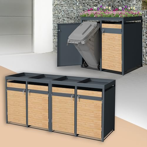 ML-Design Mülltonnenbox 4er mit Pflanzdach für 4 Tonnen, 240L 264x80x124 cm Holzoptik, Stahl, wetterfest, Abschließbare Mülltonnenverkleidung mit Tür, Müllbox Mülltonnecontainer Mülltonnenabdeckung