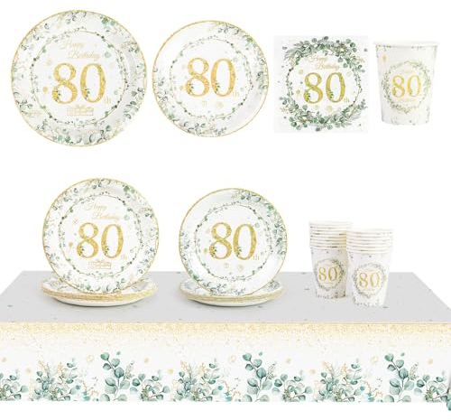 65 pcs Birthday Party Decorations,Paper Plates 7 and 9inch,Napkins Serviettes and Cups Set,Eucalyptus Tablecloth, Happy Birthday Party Tableware Table Decorations (80th)