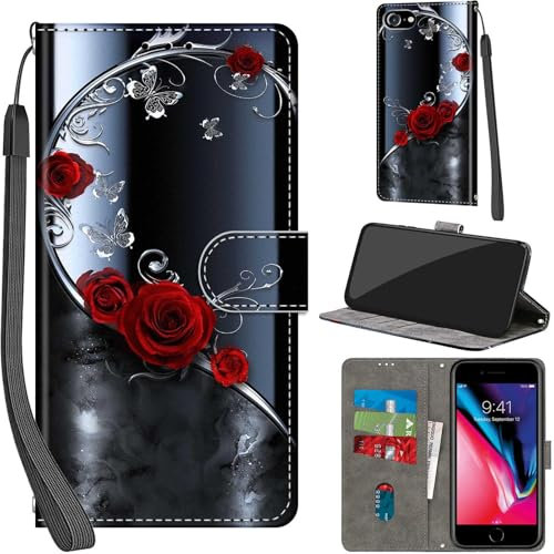 Handyhülle für iPhone SE 2022/SE 2020/iPhone 8/iPhone 7 Hülle PU Leder Schutzhülle Klappbar mit Kartenfach Ständer Handytasche mit Kameraschutz Flip Case Klapphülle, silberner Schmetterling