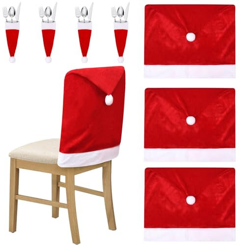 BROADREAM 4er Set Weihnachten Stuhlhussen, Nikolausmütze Stuhlbezug Husse Stretch Stühle Überzieher, Abnehmbarer Stuhlabdeckung im weihnachtlichen Design für Esstisch Weihnachten Dekoration