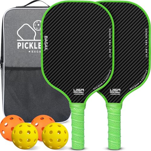 BAGAIL Pickleball Schlägerset, Pickle-Ball Schläger mit 4 Bällen, leicht – hohe Stoßdämpfung – ergonomisch, geeignet für Pickleball-Spiele im Innen- und Außenbereich, Grün/2er-Pack