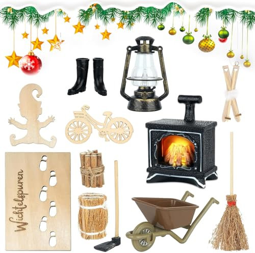 Wichtel Zubehör,Miniatur Wichtel Zubehör,Wichtel Fußabdrücke Schablone,Wichtel Zubehör Fussabdruck,Weihnachtswichtel tür Set,Kamin Kerosinlampe Hacke Heuhaufen Brennholz,für Puppenhaus Zubehör