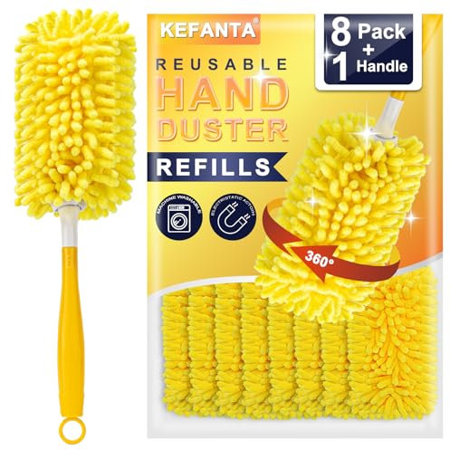 KeFanta Reusable Duster Refill for Swiffer Duster, 360° Heavy Duty Duster Refills 8Pcs with 1 Handle, Washable Microfiber Duster for Cleaning