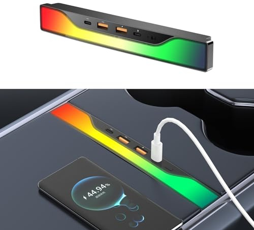 Tesheer for Tesla RGB Light USB Hub with Model 3 Model Y 2021 2022 2023 2024 Car USB Charger Multi Port Interior Accessories Fit for Tesla Center Console Docking Station (Colorful)