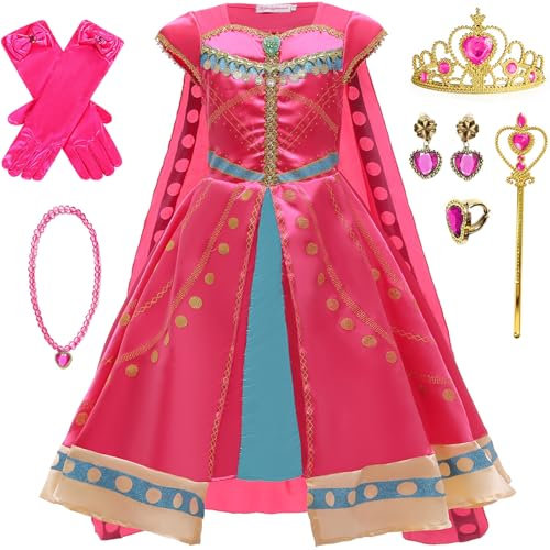 LCXYYY Mädchen Jasmin Kostüm Lang Arabischer Tanz Kinder Kleider mit Umhang Weihnachten Karneval Halloween Party Fest Aladdin Jasmine Prinzessin Kostüm Verkleidung, Rose, 3-9 Jahre