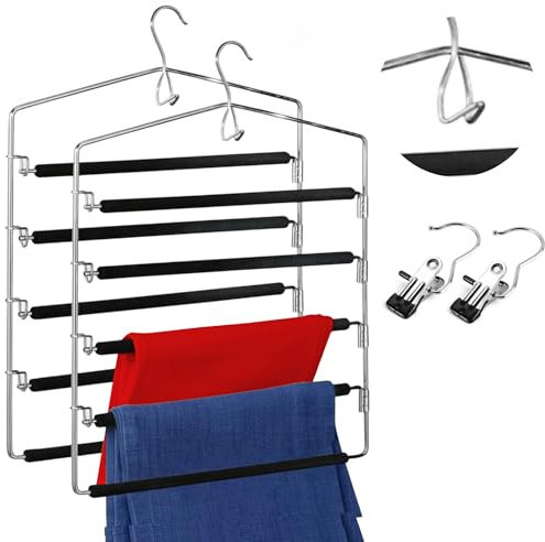 Perchas Pantalones Ahorra Espacio | Percha Pantalones Multiple 5 en 1 | Incluye 2 Ganchos de Ropa | Organizador de Pantalones Resistente | colgadores de Ropa Unisex | Hangers for Clothes | by ROJIN