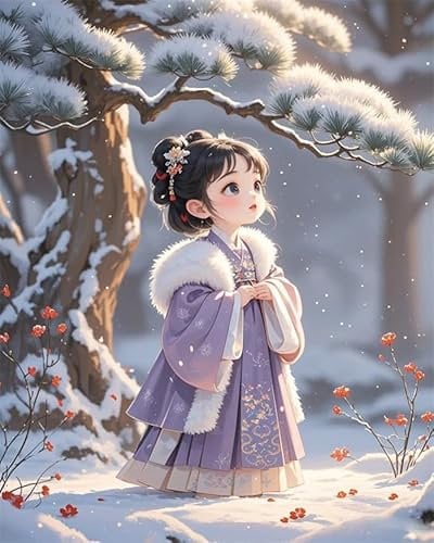 YarnAdventures Paint by Numbers Own Picture,Anime Style,Little Girl in Snow,DIY Canvas Oil Painting Kit for Kids or Beginner Paint Kit for Home Wall Decor Gift,40x50cm Frameless