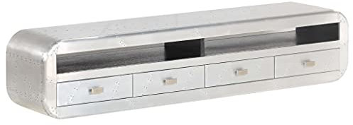 Meuble TV style aviateur vintage en bois de manguier massif avec panneaux en aluminium poli 4 tiroirs 2 compartiments style aviateur 140 x 30 x 30 cm