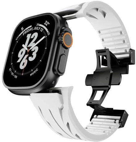 NIBYQ Correa de caucho fluorado para Apple Watch Ultra 2 49mm S10 46MM 45mm 44MM 42mm Correa para Iwatch Series 6 5 4 Se 9 8 7 Correas de reloj de pulsera de caucho fluorado ultracortadas(Black white,