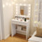 Multigot Dressing Table with Hollywood LED Lights Mirror, Wooden Vanity Desk with Charging Station, Drawer and Storage Shelves, Small Cosmetics Makeup Dresser Table for Bedroom Dressing Room, White