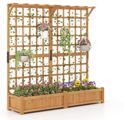 COSTWAY Jardinière avec 2 Treillis 2 Bacs Toit Suspendu en Bois, Lit de Jardin Surélevé avec 4 Trous de Drainage Plaque Inférieure Amovible pour Plante Grimpante, Orange (180 x 48 x 183 cm)