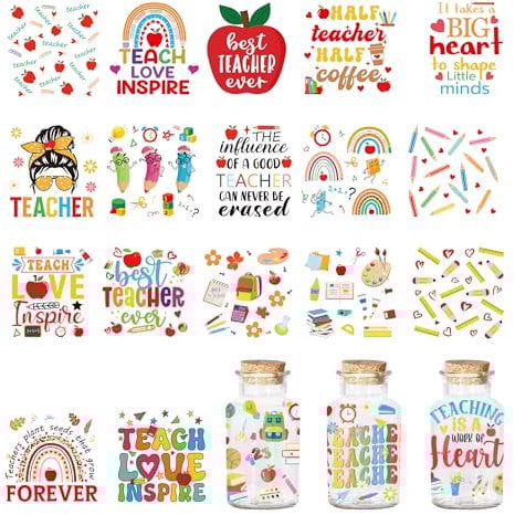 UV DTF Cup Wrap Stickers - 20 Sheets Teacher Theme Rub On Transfers Decal Study Theme Stickers Waterproof Decals Gift for Glass Water Bottle Coffee Mugs DIY Crafts Thank You Teacher Gifts Cup Decor