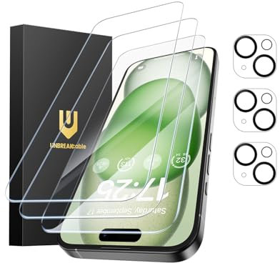 UNBREAKcable iPhone 15 Plus Screen Protector 3-Pack, 3 Tempered Glass + 3 Camera Lens Protectors, 9H Hardness, HD Clarity, Anti-Fingerprint, Case Friendly, 6.7 Inch