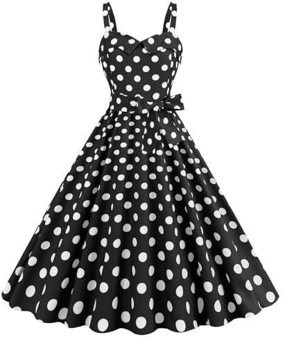 Rockabilly, abito da donna vintage anni '50s, abito da cocktail, senza maniche, con spalline a pois, gonna a pieghe, lunghezza al ginocchio, abito da sera, O nero., XXL