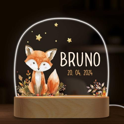 GRAVURZEILE Personalisiertes Nachtlicht für Kinder - Waldtiere Fuchs - Personalisiert mit Name - LED Nachttischlampe für Kinderzimmer - Geschenk zur Geburt, Taufe & Geburtstag für Jungen & Mädchen