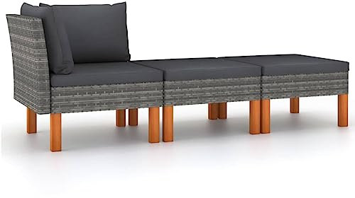 SDWEHO7 3er-Set Outdoor Sitzgruppe Balkon Lounge Möbel Outdoor Gartensofa Gartenmöbel Set, Poly Rattan und Eukalyptus Massivholz