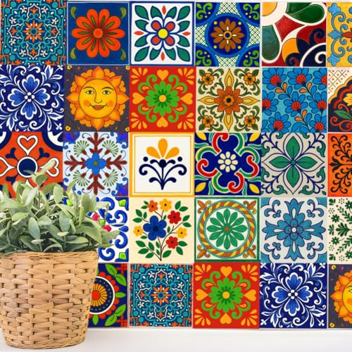 SUPERDANT 48 Stück Wandtattoo Retro Fliesenmuster Wandsticker Vintage Mosaik Stil Wasserdicht Wandaufkleber Vinyl Wandsticker Für Zuhause Küche Wohnzimmer Schlafzimmer Badezimmer