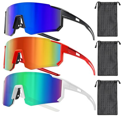 Esshogo 3 Stück Sport Sonnenbrille, UV400 Polarisiert Fahrradbrille | Sportbrille, Schnelle Brille, Winddicht Sonnenbrille, Rennrad Radbrille,Anti-UV Schutz Laufbrille,Laufbrille für