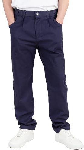 CAMLAKEE Boys School Trousers Kids Chino Pants Straight Uniform Pull on Soft Bottoms Elastic Waist with Zip and Button Closure Navy UK 14-16 Years Label Size 180