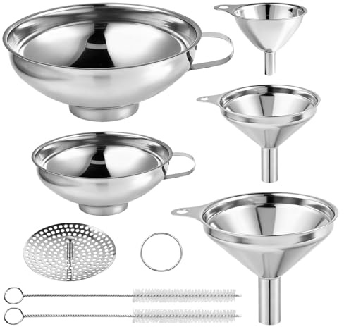 Set di 5 Imbuti in Acciaio Inox da Cucina - Imbuto per Marmellata e Imbuti Piccoli e Impilabili, con 2 Spazzole e Filtro in Acciaio inox, Filtro Riutilizzabile per Filtraggio, Succo, Vino e Olio