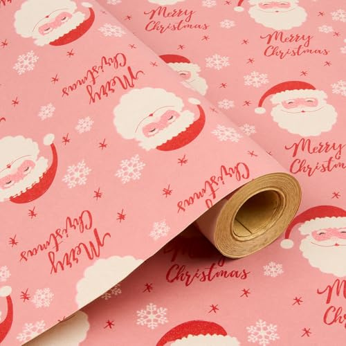 Weihnachtsgeschenkpapier: Rosa Kraftpapierrolle mit Weihnachtsmann-Motiv – 43 cm x 15 m
