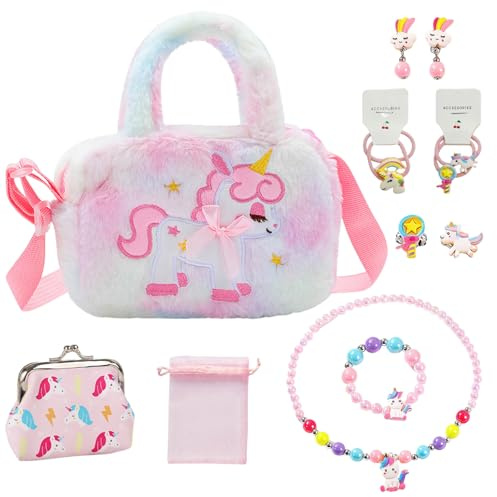 Carreuty 13-teiliges Mädchen-Plüsch-Crossbody-Tasche, Pony, kleine Mädchen-Handtaschen, verstellbare Schultertasche, Haarseil und Clips, Halskette, Armband, Ohrringe, Zubehör-Set für Mädchen