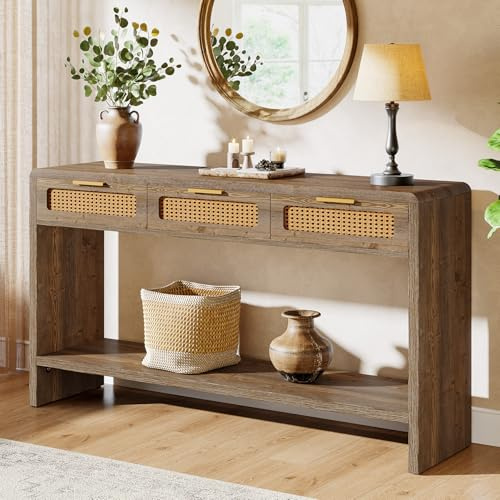 Tribesigns Table Console, 140 cm Table d'Entrée, Bout de Canapé, avec 3 Tiroirs en Rotin et Deux étagères Ouvertes, Table Basse derrière Le canapé pour entrée, Couloir, Salon, Marron Rustique