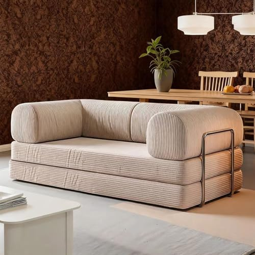 Rytgdxss Schlafsofa, Cord-Bodencouch – 2-Sitzer klappbar zum Bodensofa mit Vollschaum – inkl. 2 Kissen & Stahlgestell – Beige,180 cm breit – Boneless,ohne Aufbau(Beige) L:180cm