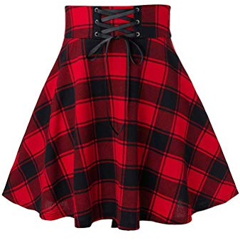 Onsoyours Damen Kariert Kilt-Rock Faltenröcke Tartan Minirock Hohe Taille Kurz Skirt Skater Rock Informell Mini Glocken Rock B Rot Large