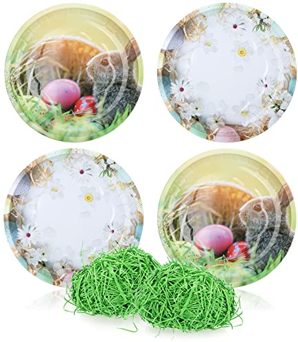 com-four® 4-teiliges Set Osterteller aus Metall mit ca. 60g Ostergras - Deko-Teller für Ostern mit grünem Gras - Osternest mit Oster Motiven [Auswahl variiert]