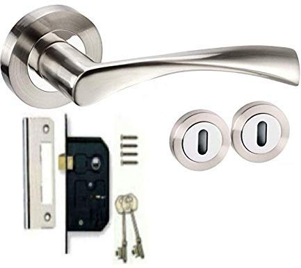 Jiyo.Outdoor Astrid Door Handle Lock, Duo Satin Nickel Polished Chrome | Includes a 3-lever lock, 2 keys, 52mm backplate, screws, spindle, and matching escutcheons for easy installation.