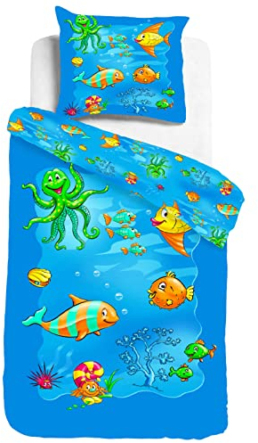 ESPiCO Kinderbettwäsche Sleep and Dream Unterwasserwelt Seeigel Muscheln Krake Meer Kugelfisch Meeresbewohner Renforcé, Größe:135 cm x 200 cm