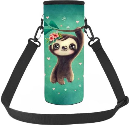 NETILGEN Borracce personalizzate per bambini, con grazioso bradipo con motivo di bambino da 500 ml o 750 ml, tracolla regolabile, adatta a bottiglie in acciaio inox e plastica