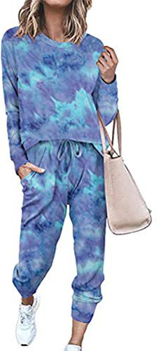 Tomwell Damen Trainingsanzug Mode 2 Stück Set Frauen Sportanzug Farbnähte Sweatshirt + Lange Hose Jogginganzug Sportswear Sport Yoga Outfit (M, Blau)