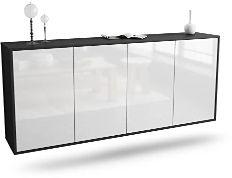 Kommode Sideboard hängend - Recklinghausen - Korpus anthrazit matt - Front Hochglanz Design Weiß- (180x77x35cm) - Push to Open Technik & hochwertigen Leichtlaufschienen - Made in Germany