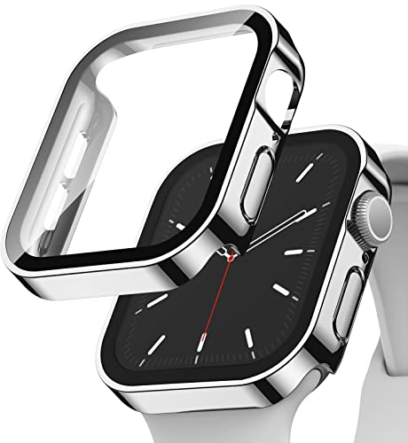 Recoppa 2 Stück Apple Watch Schutzhülle 45mm, Rechtwinklige Hülle mit Displayschutz aus Glas für Apple Watch Series 9/8/7, Silber*2
