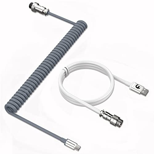 MAMBASNAKE C01 Spiral Tastaturkabel, Pro Custom Coiled USB C Kabel für Mechanische Tastatur, Typ C auf USB-A Kabel mit Abnehmbarem Metall Luftfahrtstecker, TPU kabel für Gaming Tastatur-Grau/Weiß