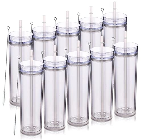 Volhoply 600 ml Trinkbecher mit Deckel und Strohhalm Zehnerpack,Doppelwandiger Wiederverwendbar Reisebecher,BPA-freier Matte Pastellfarben Acryl-Plastikbecher für Geschenk(Transparente,10 Stück)