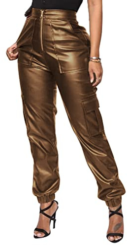 Onsoyours Pantalon skinny en similicuir, style décontracté, parfait comme legging, pour femmes, Kaki, M