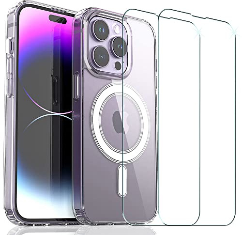 TECHGEAR iPhone 14 Pro Max Magnetic Case [Fusion HD] + 2 Pack Glass Screen Protector, Shockproof, Drop Protection, Gel Bumper & Clear Hard Back Compatible with MagSafe Case for iPhone 14 Pro Max