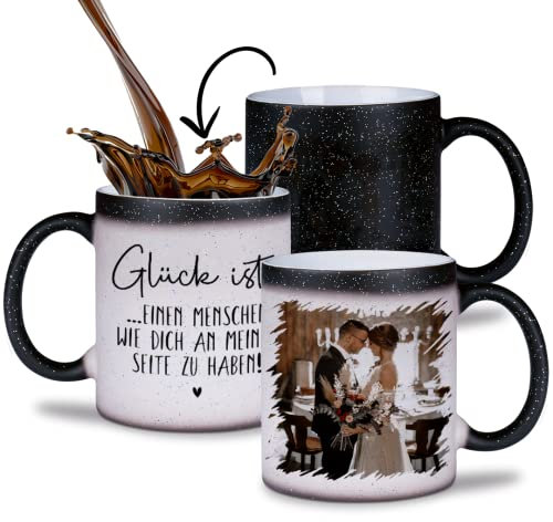 glitzertassen.de® | Glück ist einen Menschen wie dich an meiner Seite zu haben| Farbwechseltasse mit Glitzer| Fototasse | Geschenkidee | Valentinstag | Liebe | Kaffeetasse | Magic | Personalisiert