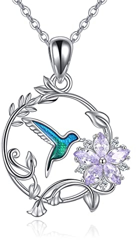 VONALA Kolibri Halskette Sterling Silber Lila Blume Vogel Anhänger Kolibri Charme Halskette Tierschmuck für Frauen Mädchen Damen