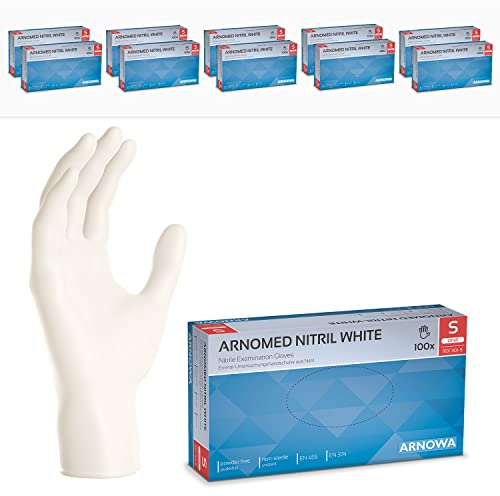 1000 Stück ARNOMED Einweghandschuhe Weiß, Einmalhandschuhe S, Nitril Handschuhe Einweg, Nitrilhandschuhe puder-/latexfrei, Gummihandschuhe Einweg, Schutzhandschuhe, Handschuhe Nitril XS, S, M, L, XL