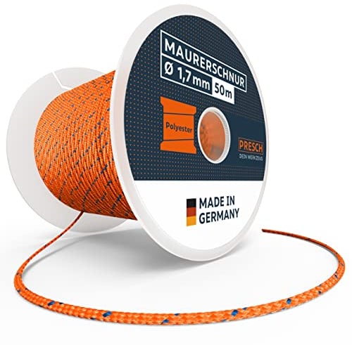 Presch Cordel Albañil 50m | ⌀1,7mm | Poliéster | Cordel de enderezar Resistente al desgarro y a la Intemperie con Carrete | Cuerda de construcción Resistente a los Nudos
