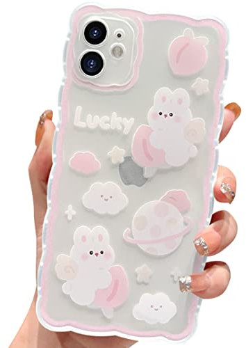 HZLFCZL Compatible with iPhone 12 Case Cute Clear Cartoon Planet Peach Cloud Rabbit Pattern Design Women Girls Aesthetic Kawaii Slim Soft TPU Transparent Phone Case for iPhone 12-Light Pink