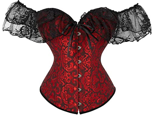 Kelvry Sexy Women Off Shoulder Lace Sleeve Boned Corset Bustier Top Lace Up Waist Cincher Plus Size Halloween Fancy Dress Party Costume
