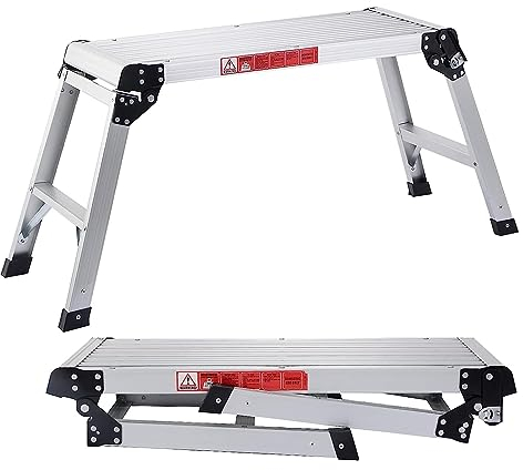 COSTWAY Alu Arbeitsplattform, Klappwerkbank mit Antirutschmatten, Arbeitsbühne 150 kg Tragfähigkeit, Trittbank mit Sicherheitsschlössern, Trittleiter für Zuhause, Büro, Werkstatt und Garage, Silber